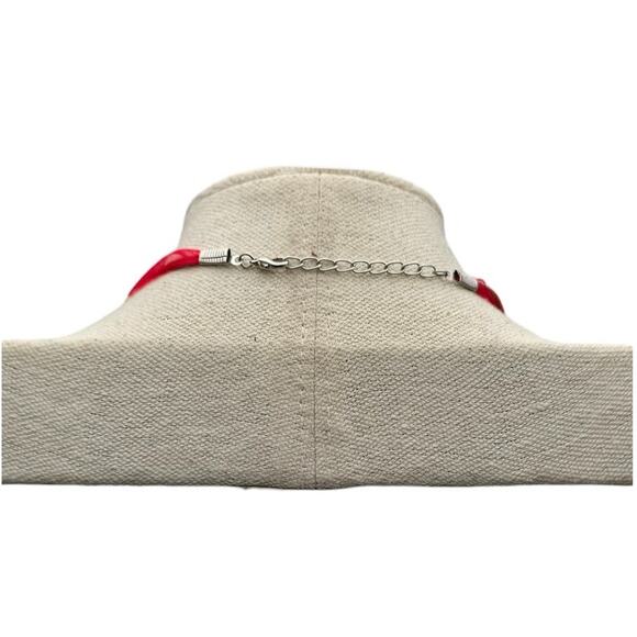 Red Ribbon Cord Flower Art Glass Pendant Necklace - Picture 5 of 6